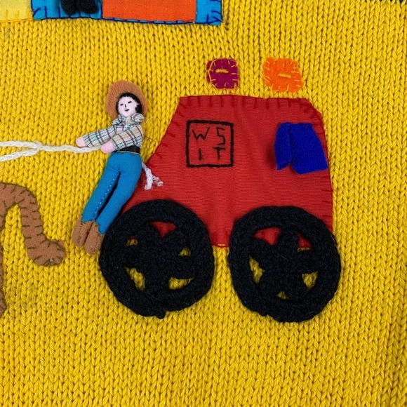 Vintage Andina Blue Yellow Western Town Teacher Sweater TINY FLAW - Picture 7 of 13